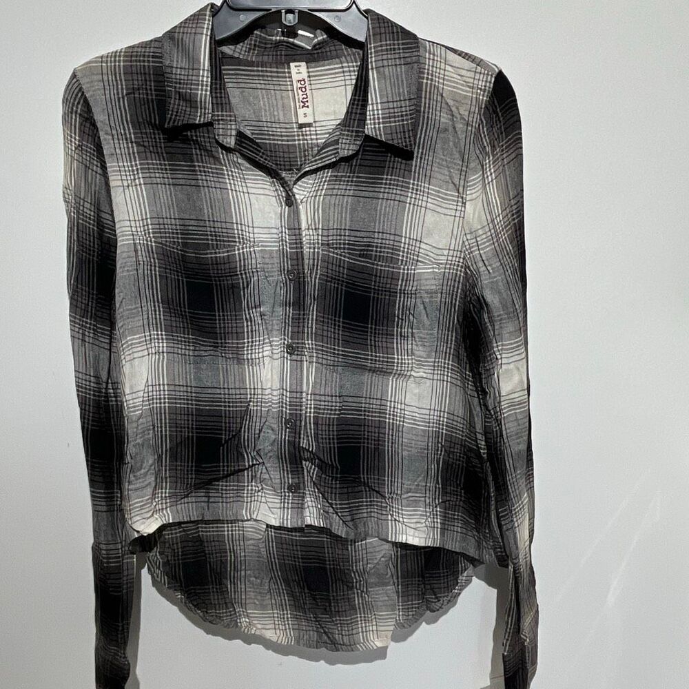 Mudd Women's Black White Plaid High Low Long Sleeve Button Up Shirt Small NWT